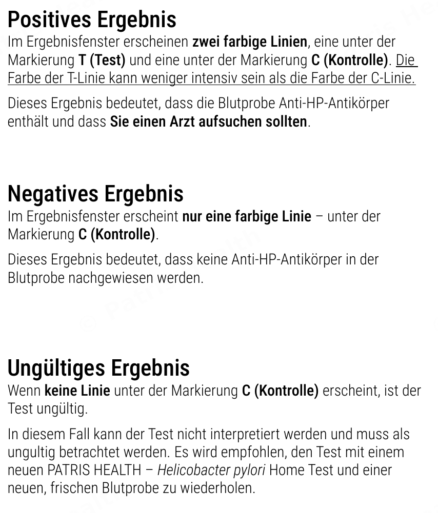 Patris Health Helicobacter-pylori-Selbsttest Gebrauchsanweisung – Interpretation der Ergebnisse