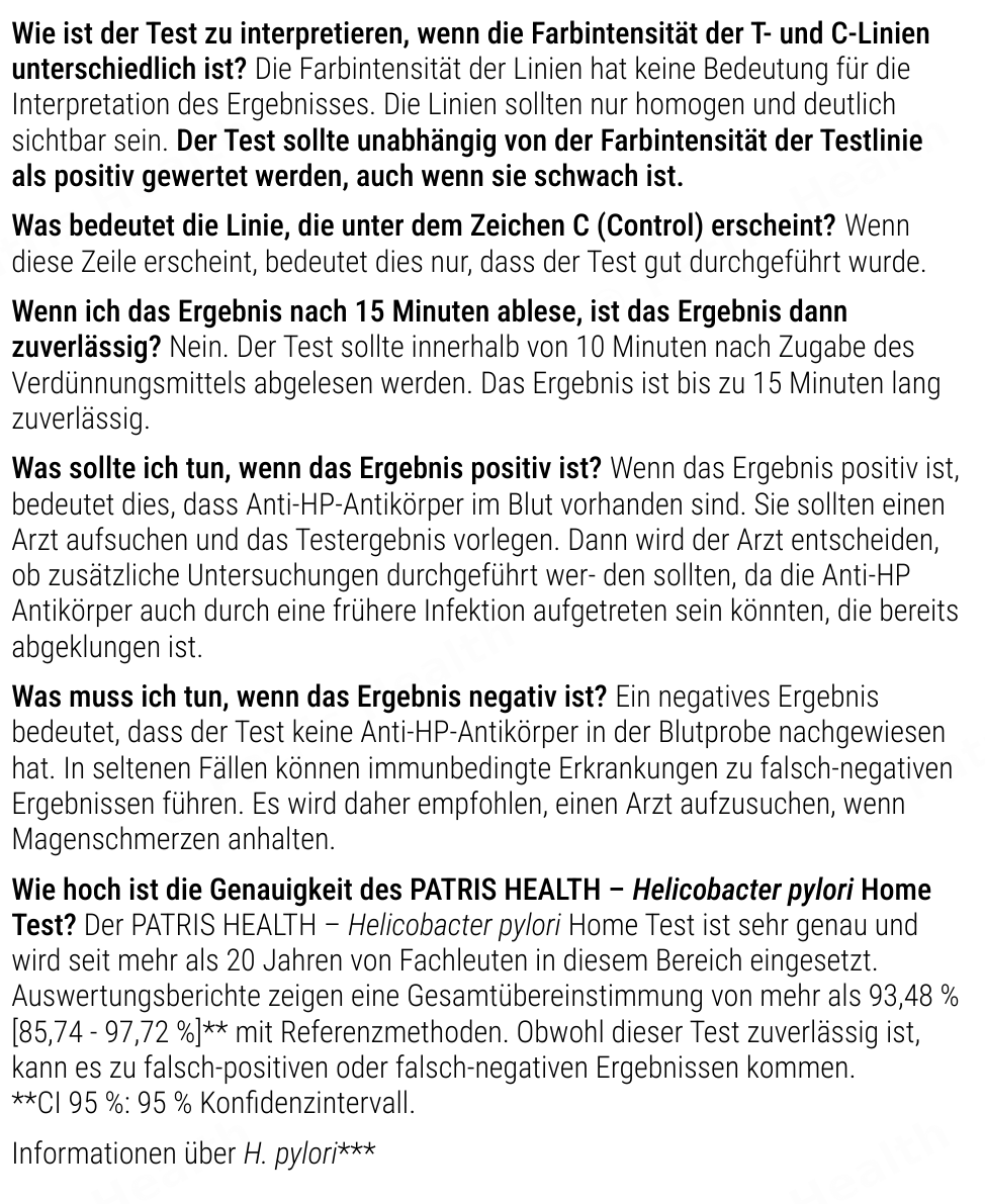 Patris Health Helicobacter-pylori-Selbsttest Gebrauchsanweisung – über den Test, Fragen und Antworten (Teil 2)