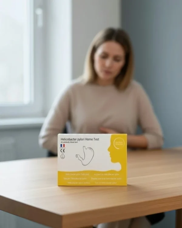 Patris Health Helicobacter-pylori-Selbsttest auf einem Tisch, im Hintergrund eine Frau mit Magenbeschwerden