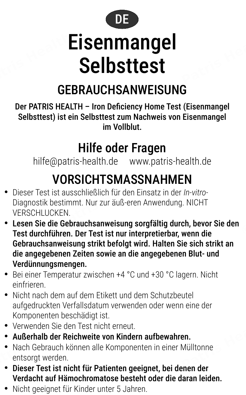 Patris Health Eisenmangel-Selbsttest Gebrauchsanweisung – Vorsichtsmaßnahmen