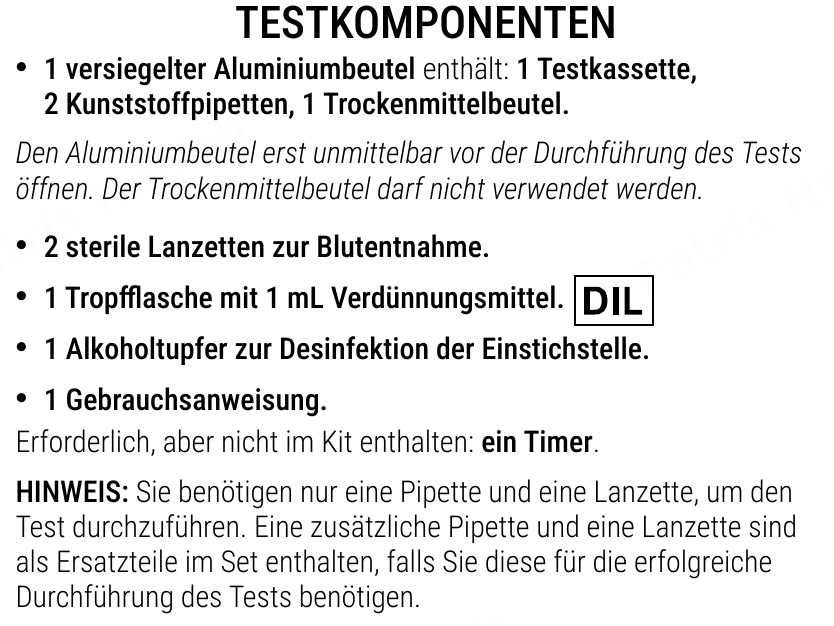 Patris Health Eisenmangel-Selbsttest Gebrauchsanweisung – Testkomponenten