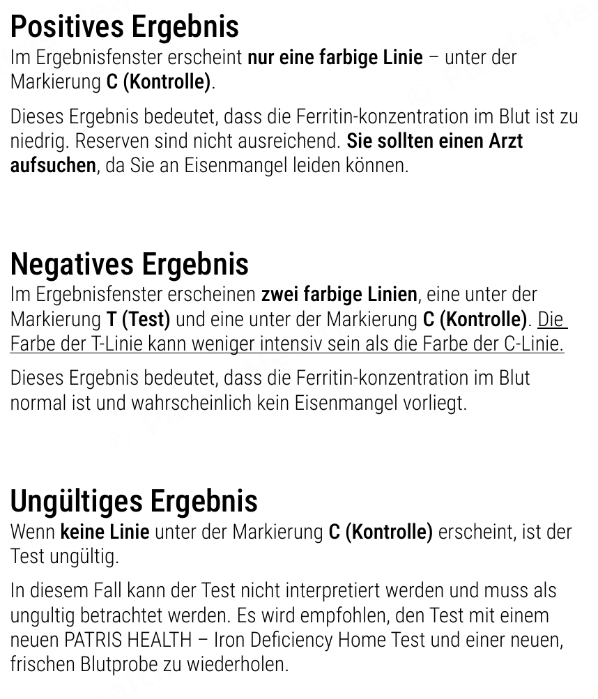 Patris Health Eisenmangel-Selbsttest Gebrauchsanweisung – Interpretation der Ergebnisse
