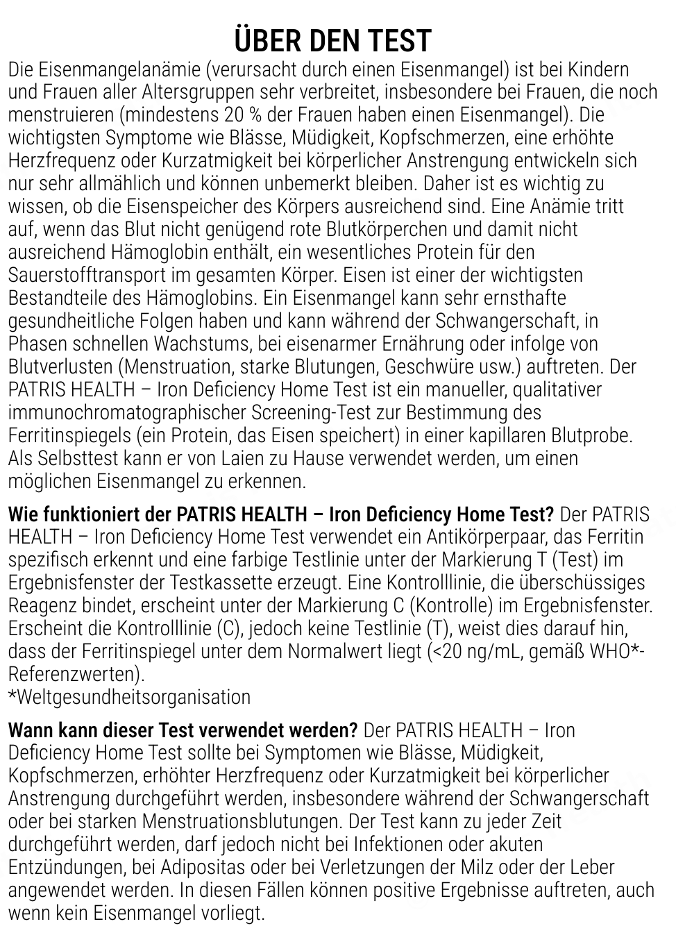 Patris Health Eisenmangel-Selbsttest Gebrauchsanweisung – über den Test, Fragen und Antworten