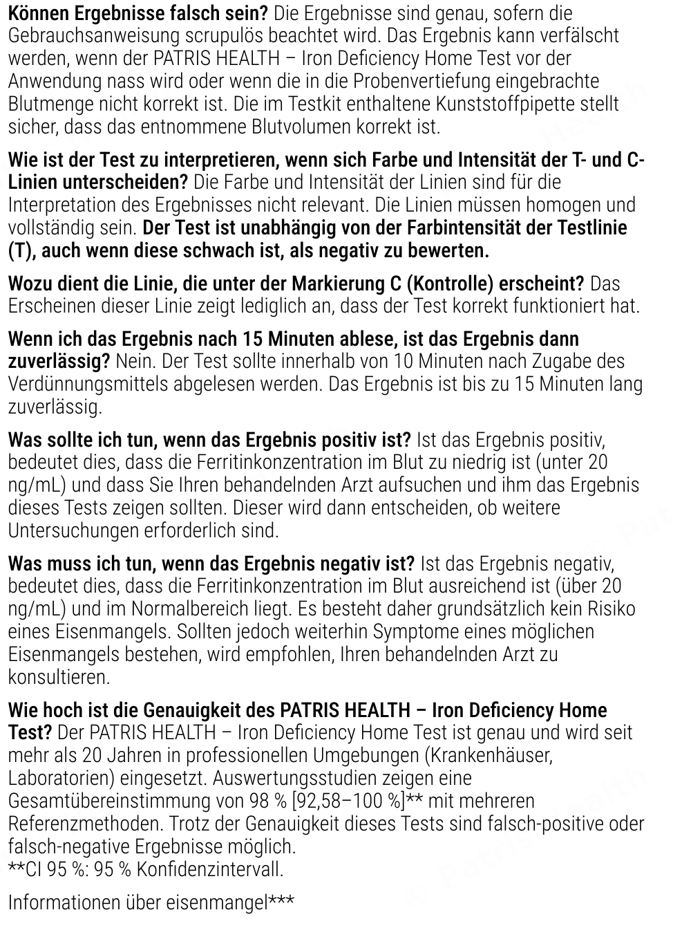 Patris Health Eisenmangel-Selbsttest Gebrauchsanweisung – über den Test, Fragen und Antworten (Teil 2)