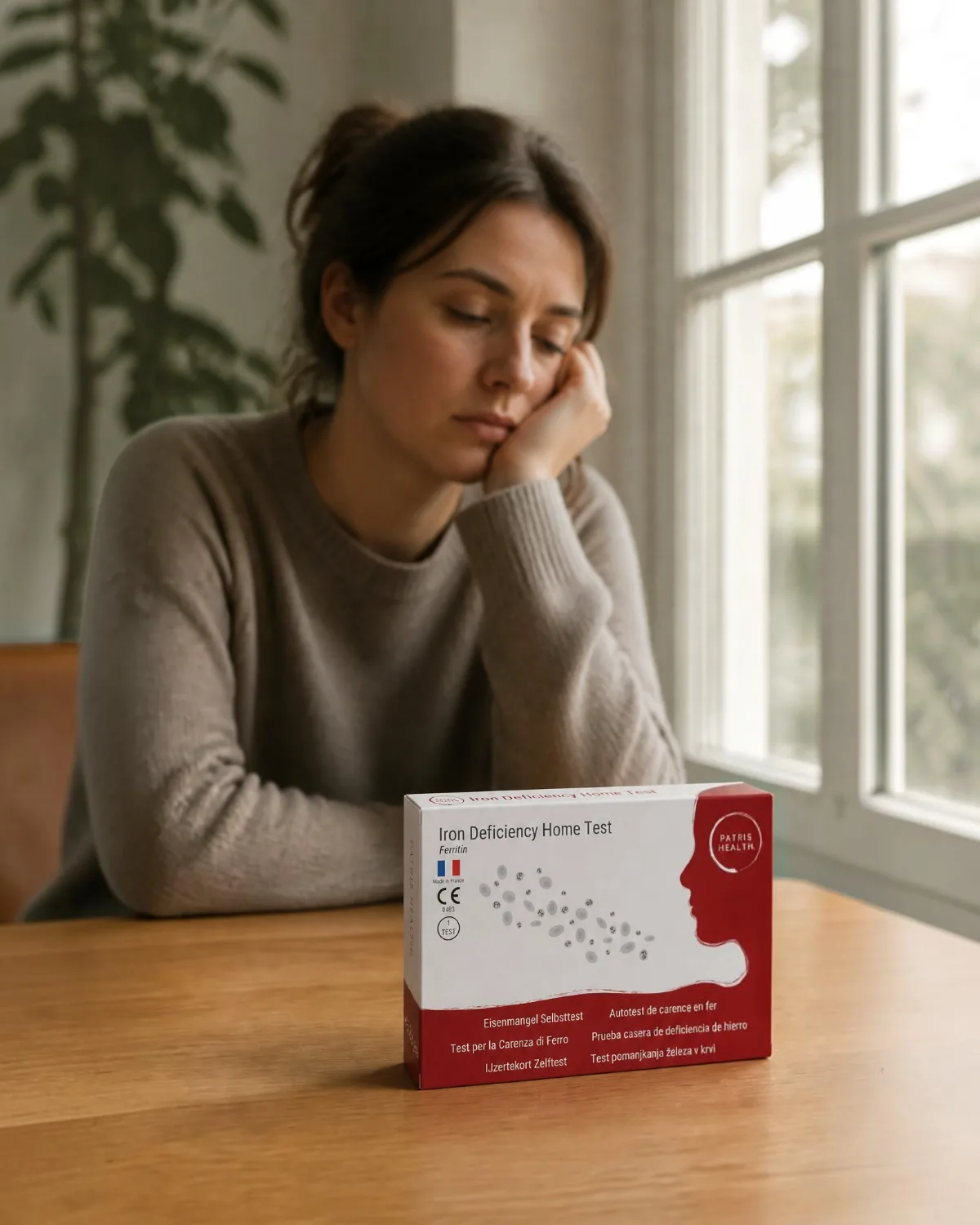 Frau stützt den Kopf in die Hand, vor ihr auf dem Tisch der Patris Health Eisenmangel-Selbsttest