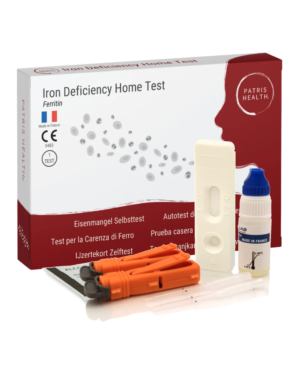 Patris Health Eisenmangel-Selbsttest: die Box und der Inhalt des Kits