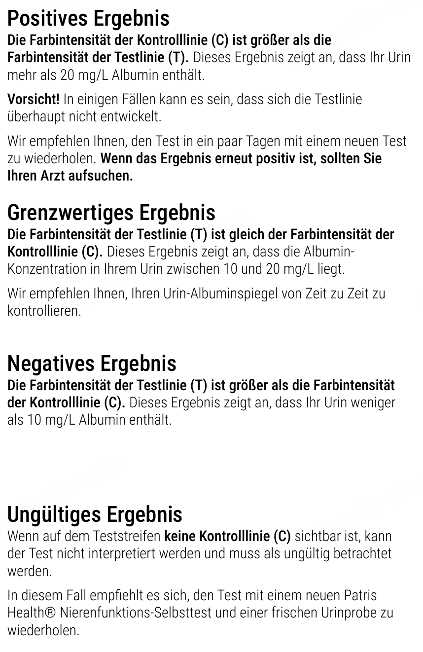 Patris Health Nierenfunktions-Selbsttest (Albumin) Gebrauchsanweisung – Interpretation der Ergebnisse