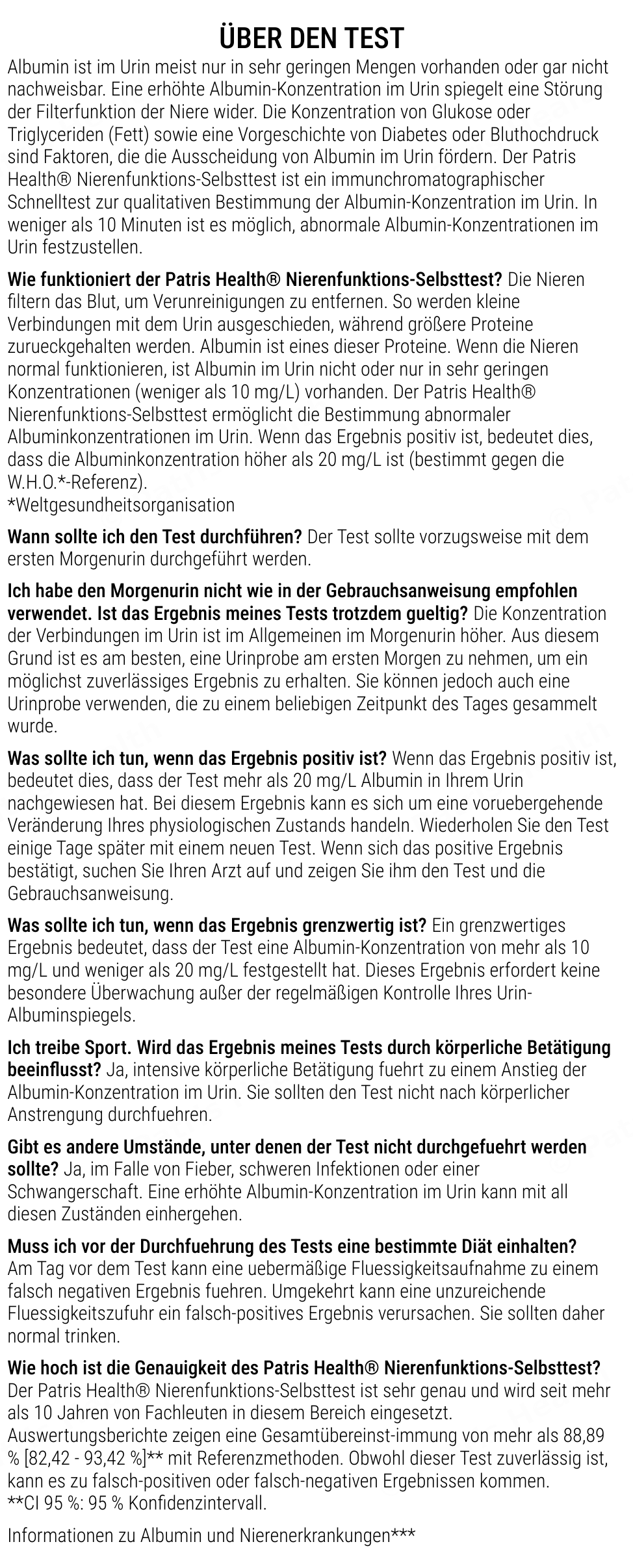 Patris Health Nierenfunktions-Selbsttest (Albumin) Gebrauchsanweisung – über den Test, Fragen und Antworten