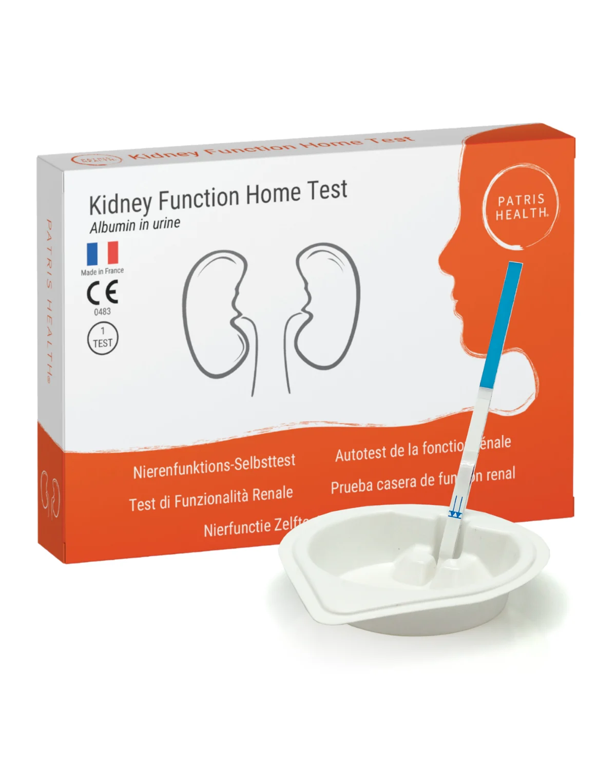Patris Health Nierenfunktions-Selbsttest (Albumin) – die Box, der Urinbecher und der Teststreifen