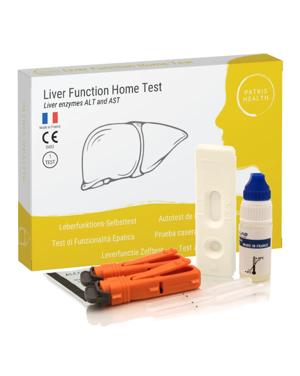 Patris Health Leberfunktions-Selbsttest (ALT und AST): die Box und der Inhalt des Kits