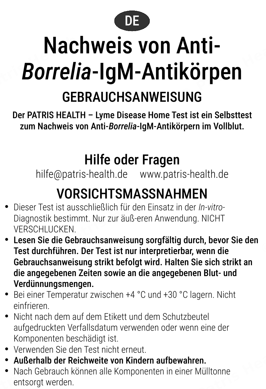 Patris Health Borreliose-Selbsttest Gebrauchsanweisung – Vorsichtsmaßnahmen