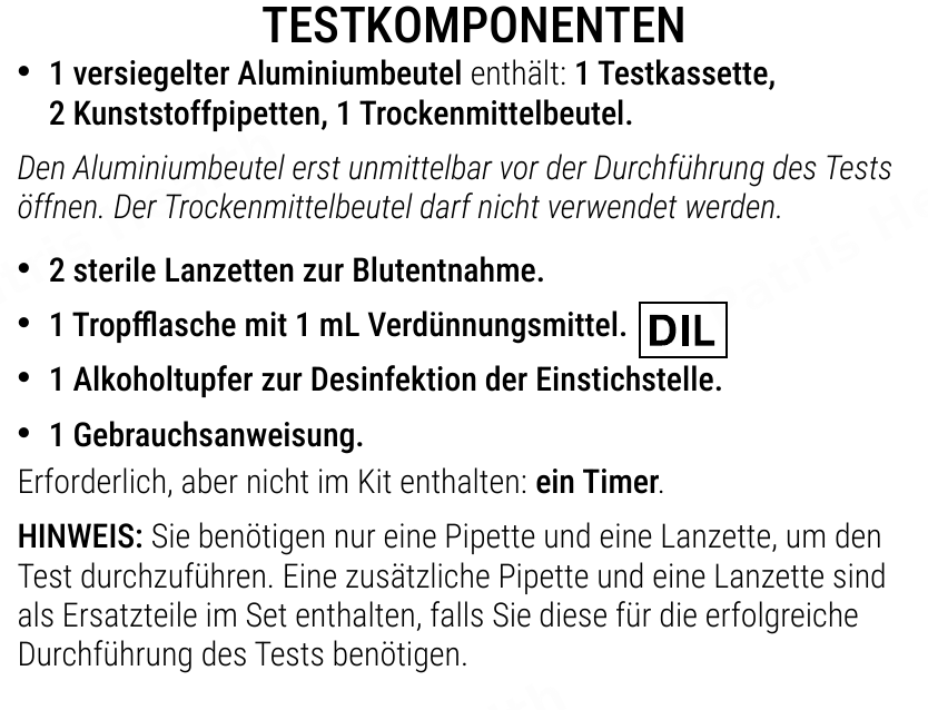Patris Health Borreliose-Selbsttest Gebrauchsanweisung – Testkomponenten