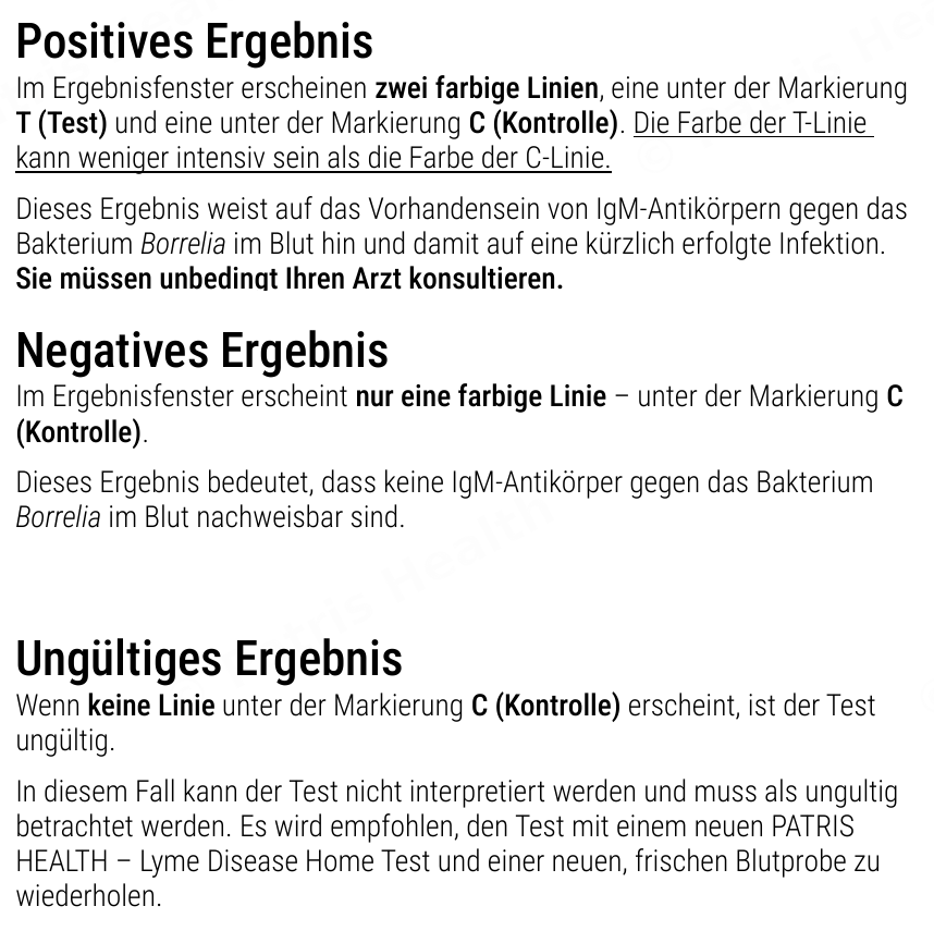 Patris Health Borreliose-Selbsttest Gebrauchsanweisung – Interpretation der Ergebnisse