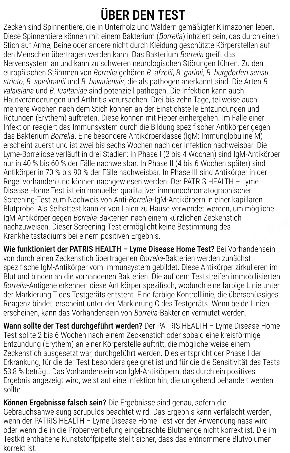 Patris Health Borreliose-Selbsttest Gebrauchsanweisung – über den Test, Fragen und Antworten (Teil 1)
