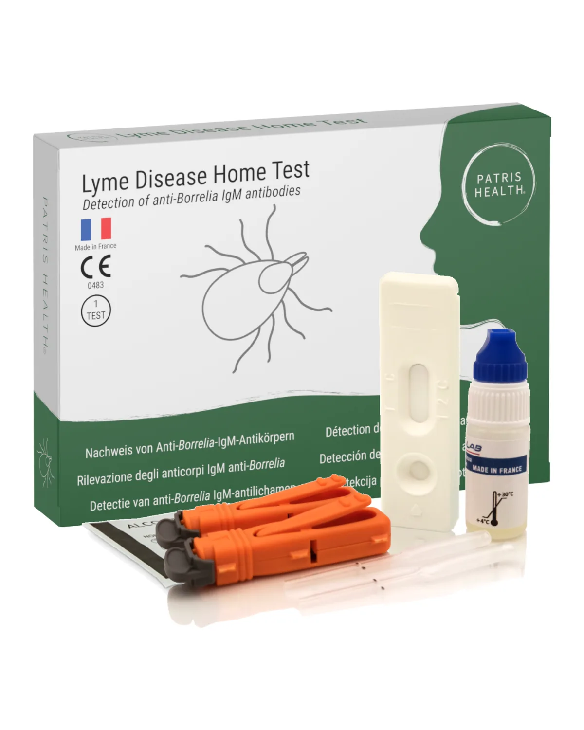 Patris Health Borreliose-Selbsttest – die Box und der Inhalt des Kits