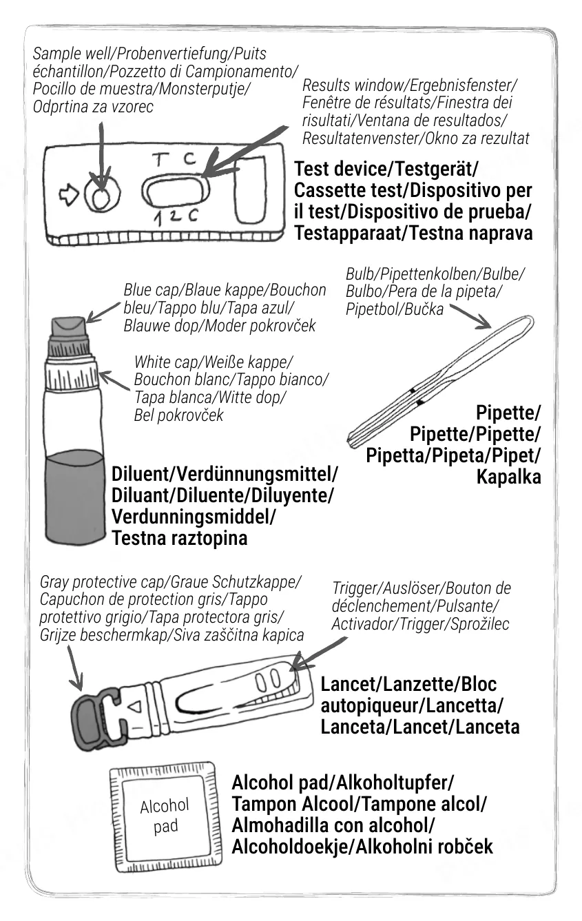 Patris Health Schwangerschafts-Bluttest Gebrauchsanweisung – die Teile des Kits