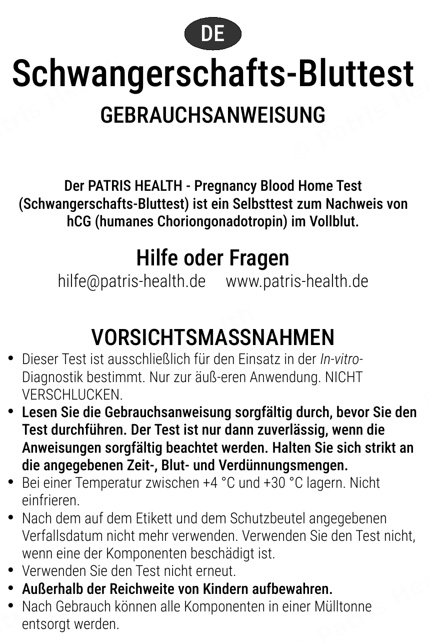 Patris Health Schwangerschafts-Bluttest Gebrauchsanweisung – Vorsichtsmaßnahmen