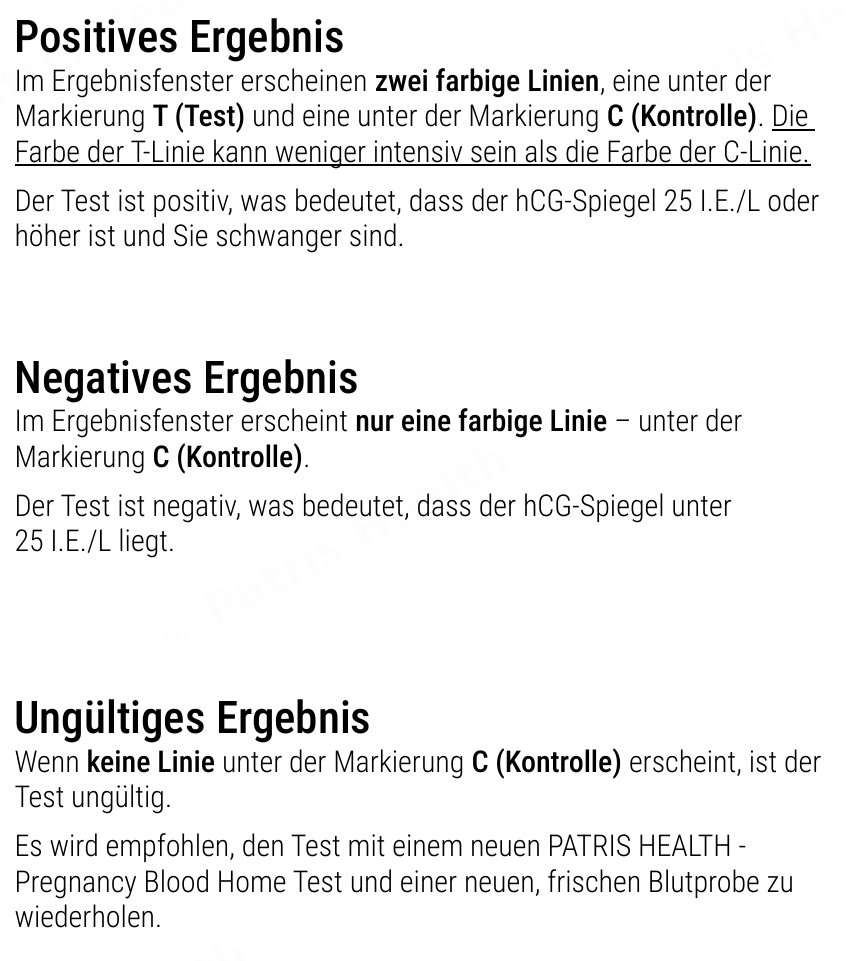 Patris Health Schwangerschafts-Bluttest Gebrauchsanweisung – Interpretation der Ergebnisse