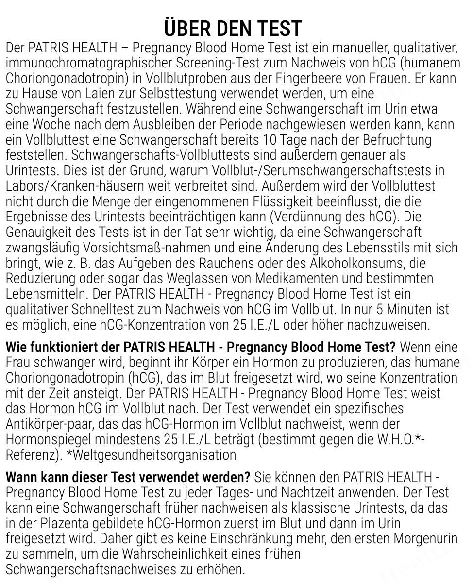 Patris Health Schwangerschafts-Bluttest Gebrauchsanweisung – über den Test, Fragen und Antworten (Teil 1)