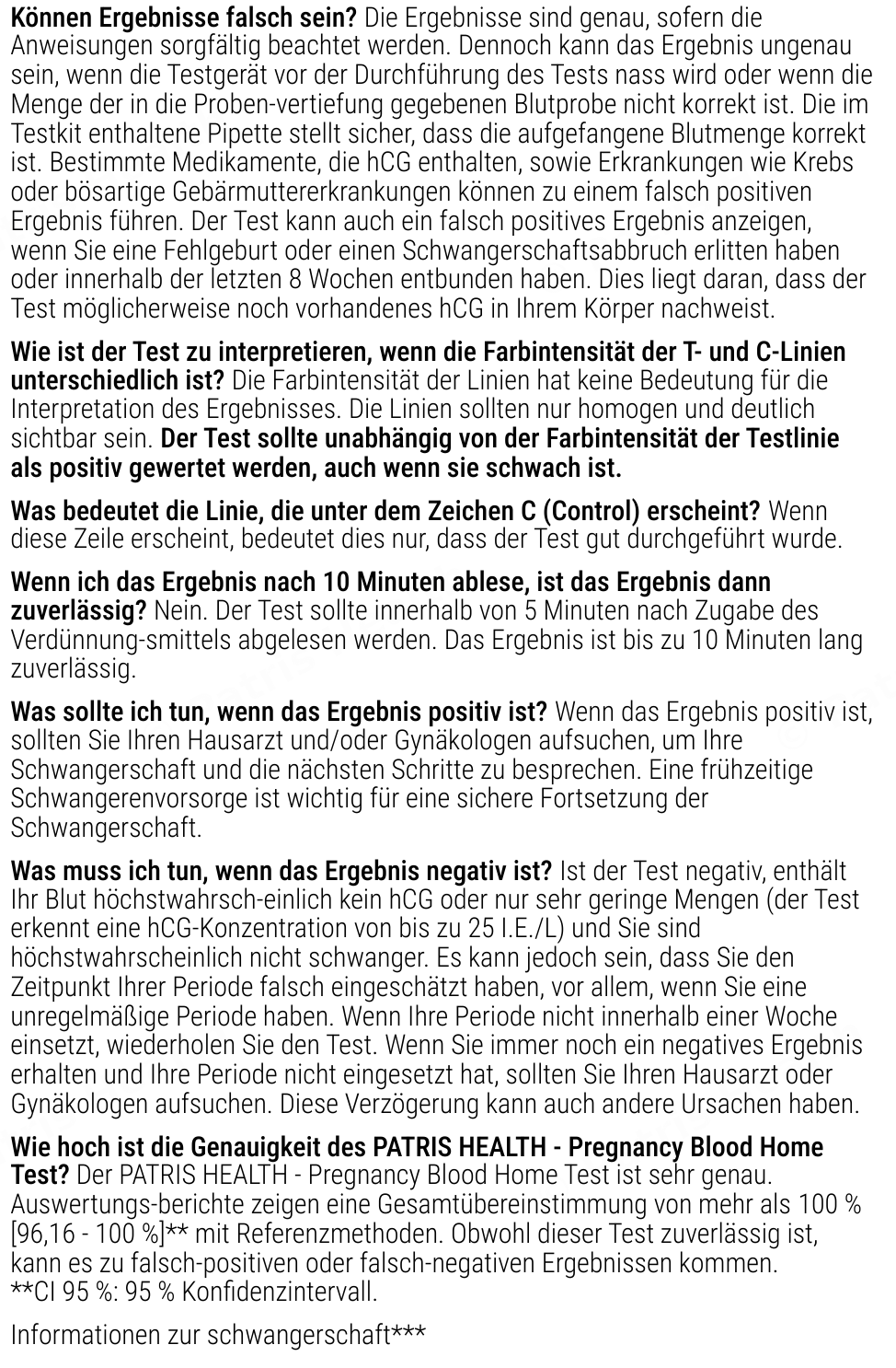 Patris Health Schwangerschafts-Bluttest Gebrauchsanweisung – über den Test, Fragen und Antworten (Teil 2)