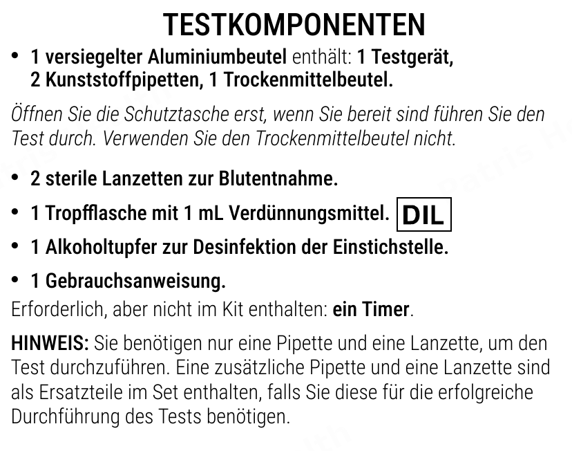 Patris Health Prostata-PSA-Selbsttest Gebrauchsanweisung – Testkomponenten