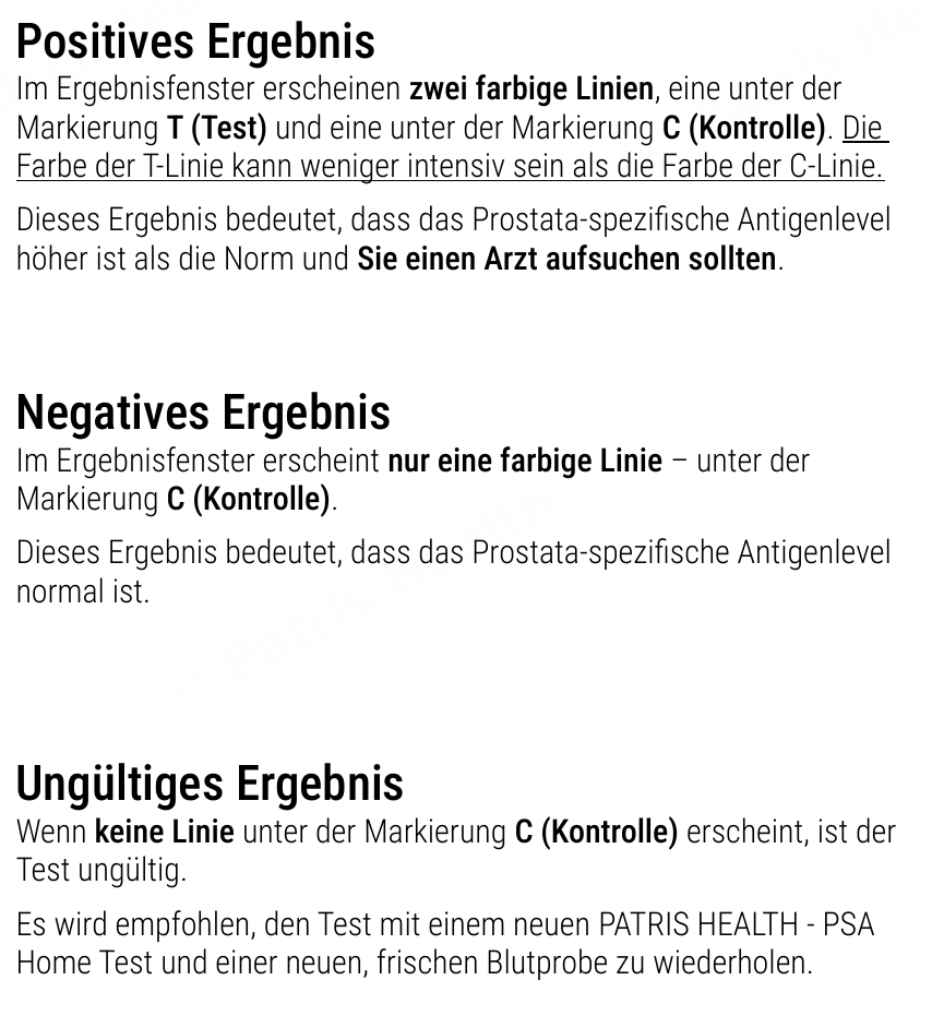Patris Health Prostata-PSA-Selbsttest Gebrauchsanweisung – Interpretation der Ergebnisse