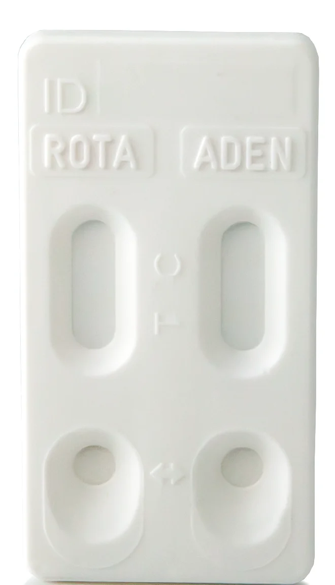 Patris Health Rotavirus-/Adenovirus-Selbsttest – Testkassette mit zwei Probenvertiefungen und den Ergebnisfenstern ROTA und ADEN