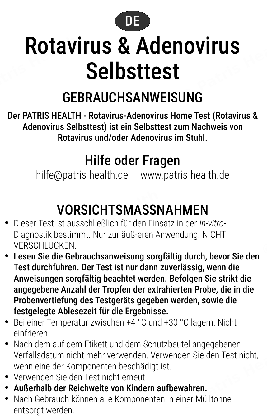 Patris Health Rotavirus-/Adenovirus-Selbsttest Gebrauchsanweisung – Vorsichtsmaßnahmen