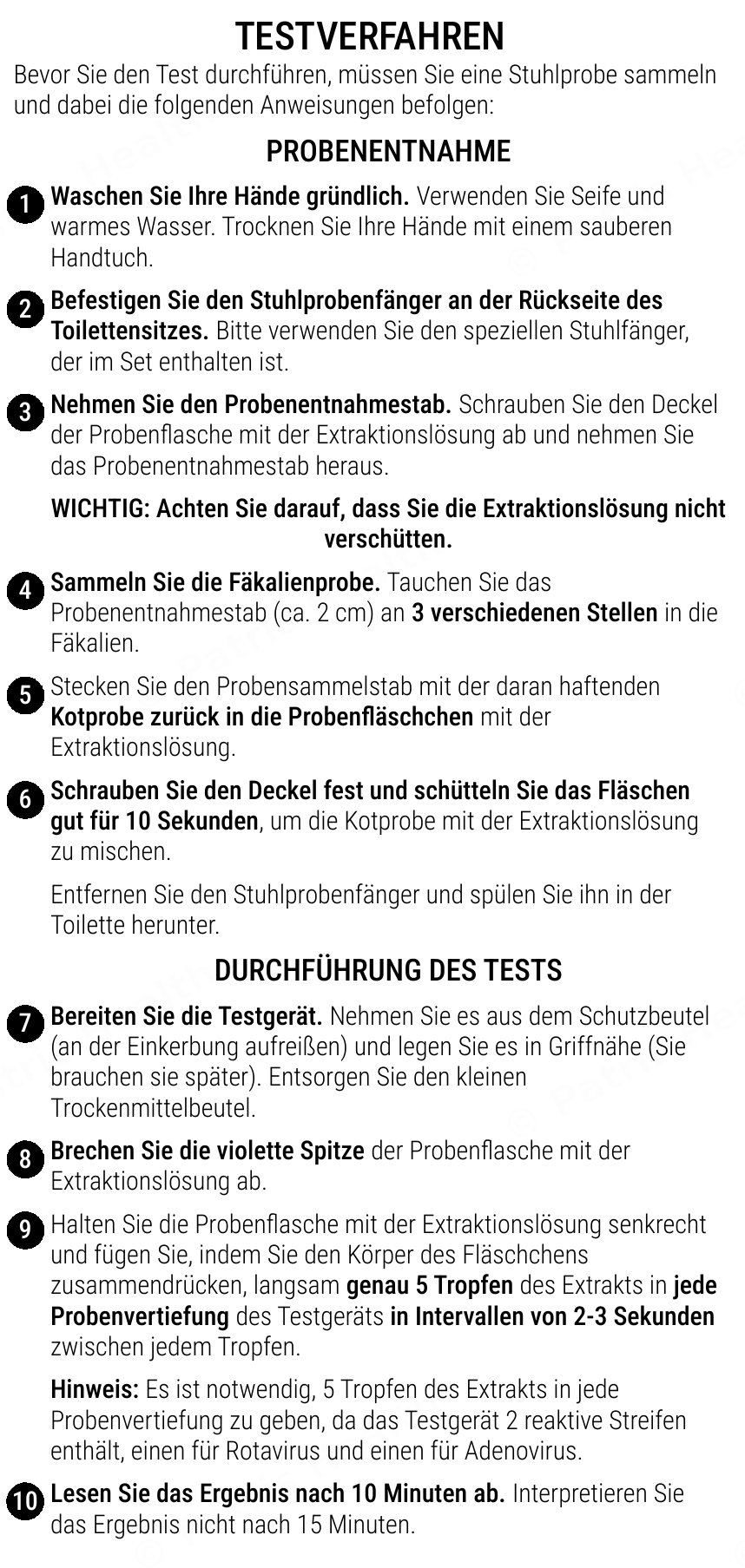 Patris Health Rotavirus-/Adenovirus-Selbsttest Gebrauchsanweisung – das Testverfahren