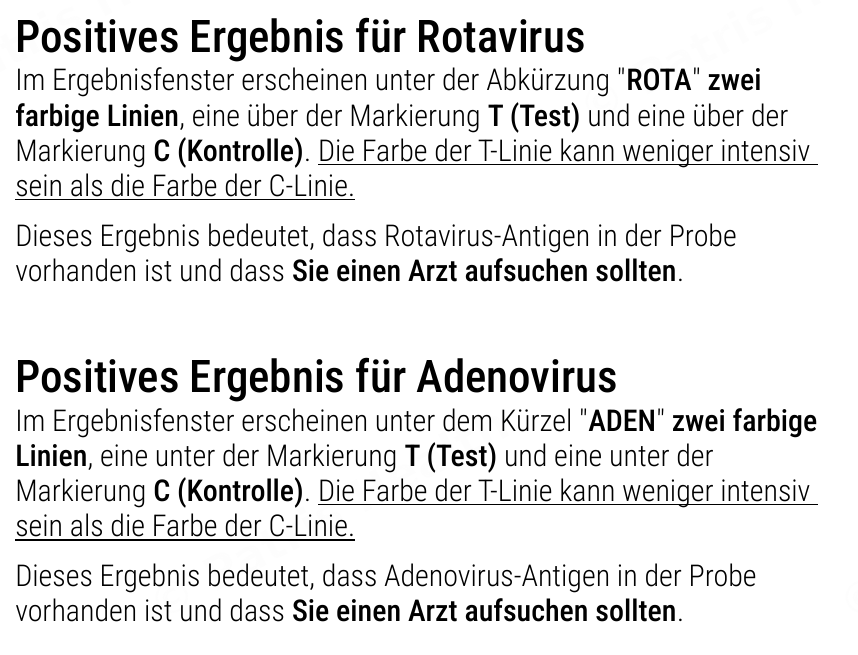 Patris Health Rotavirus-/Adenovirus-Selbsttest Gebrauchsanweisung – Interpretation der Ergebnisse