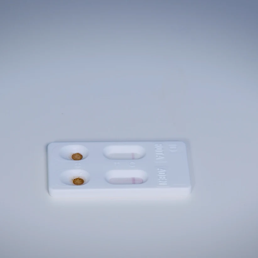 Patris Health Rotavirus-/Adenovirus-Selbsttest – Schritt 4, Testkassette mit den Ergebnisfenstern ROTA und ADEN nach der Ablesezeit