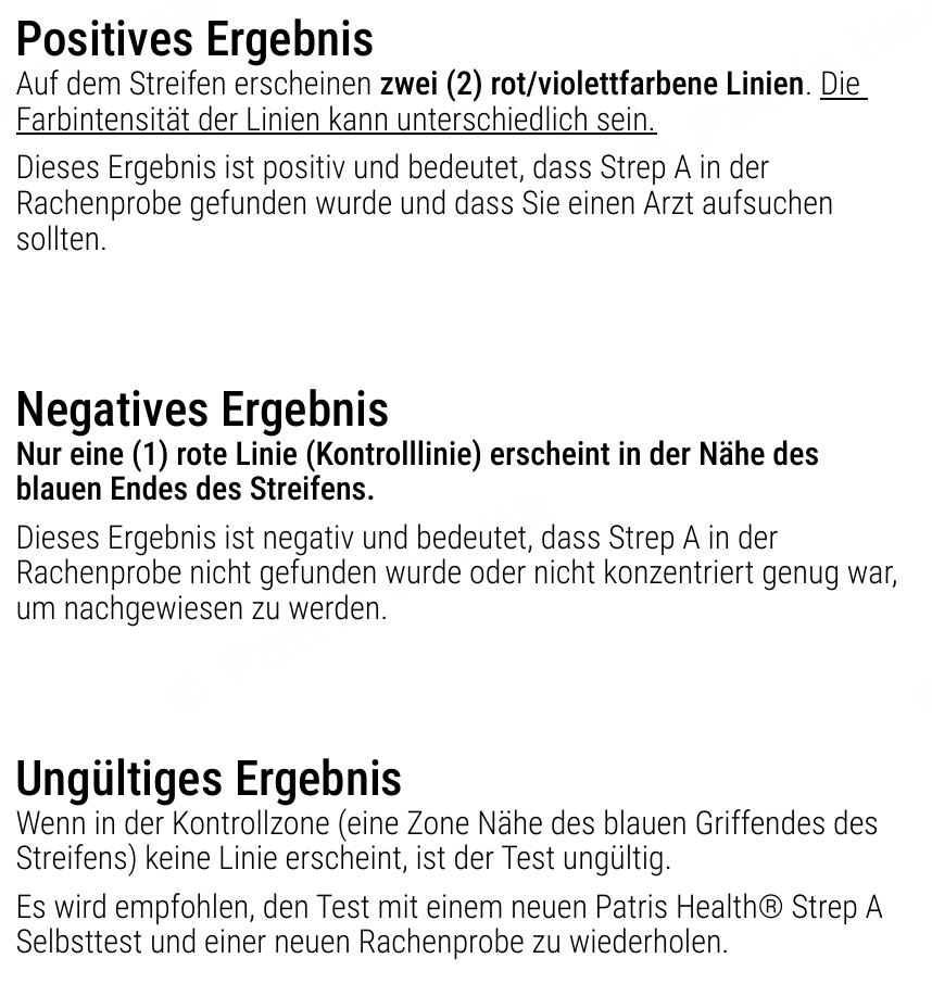 Patris Health Strep-A-Selbsttest Gebrauchsanweisung – Interpretation der Ergebnisse