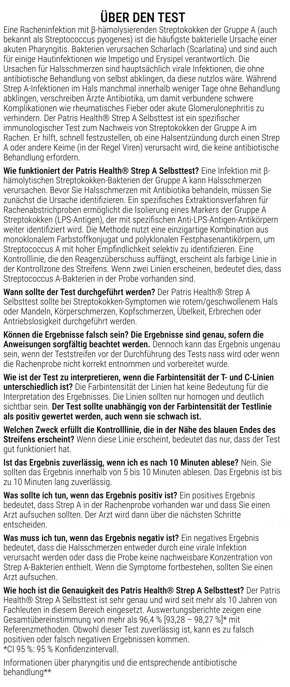Patris Health Strep-A-Selbsttest Gebrauchsanweisung – über den Test, Fragen und Antworten