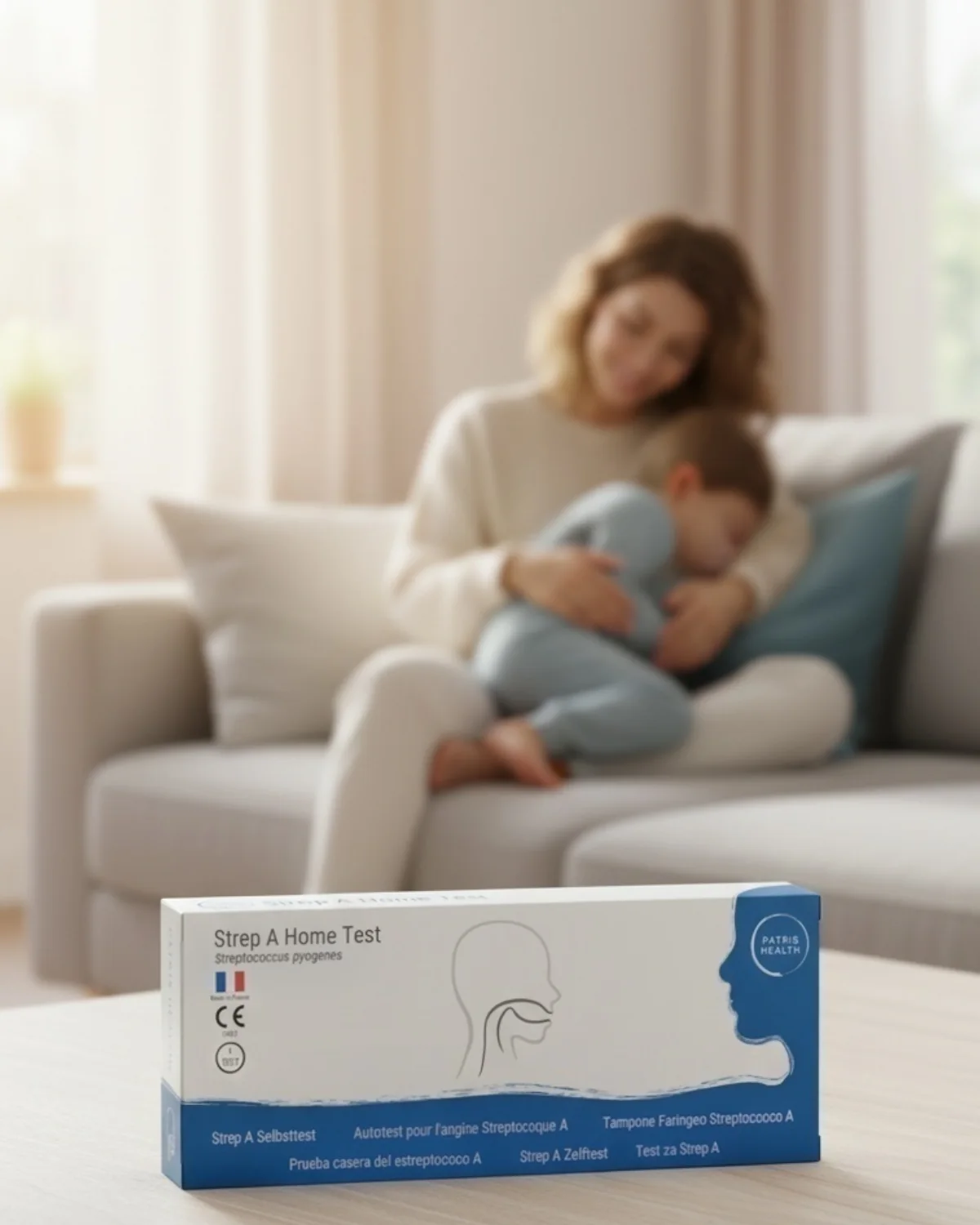 Patris Health Strep-A-Selbsttest – die Testbox auf dem Tisch, im Hintergrund hält ein Elternteil ein Kind auf dem Sofa