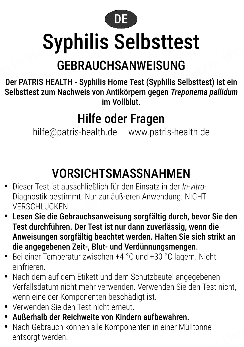 Patris Health Syphilis-Selbsttest Gebrauchsanweisung – Vorsichtsmaßnahmen