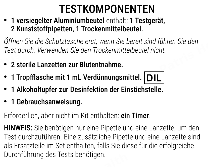 Patris Health Syphilis-Selbsttest Gebrauchsanweisung – Testkomponenten