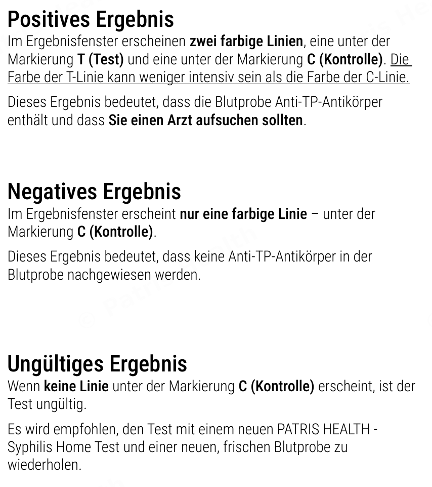 Patris Health Syphilis-Selbsttest Gebrauchsanweisung – Interpretation der Ergebnisse