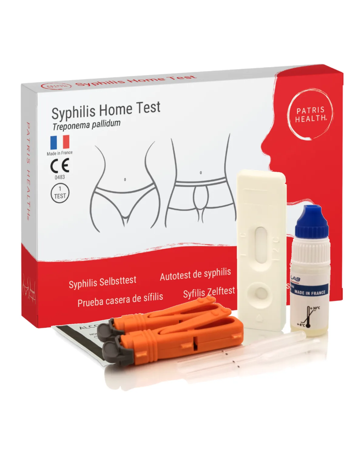 Patris Health Syphilis-Selbsttest – die Box und der Inhalt des Kits