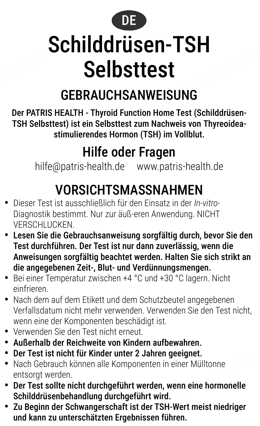 Patris Health Schilddrüsen-TSH-Selbsttest Gebrauchsanweisung – Vorsichtsmaßnahmen