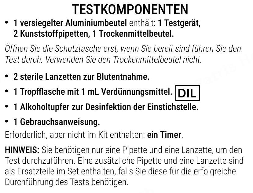 Patris Health Schilddrüsen-TSH-Selbsttest Gebrauchsanweisung – Testkomponenten