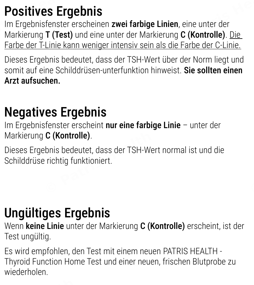 Patris Health Schilddrüsen-TSH-Selbsttest Gebrauchsanweisung – Interpretation der Ergebnisse