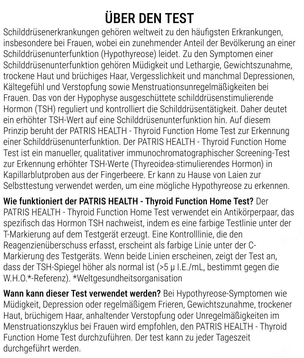 Patris Health Schilddrüsen-TSH-Selbsttest Gebrauchsanweisung – über den Test, Fragen und Antworten (Teil 1)