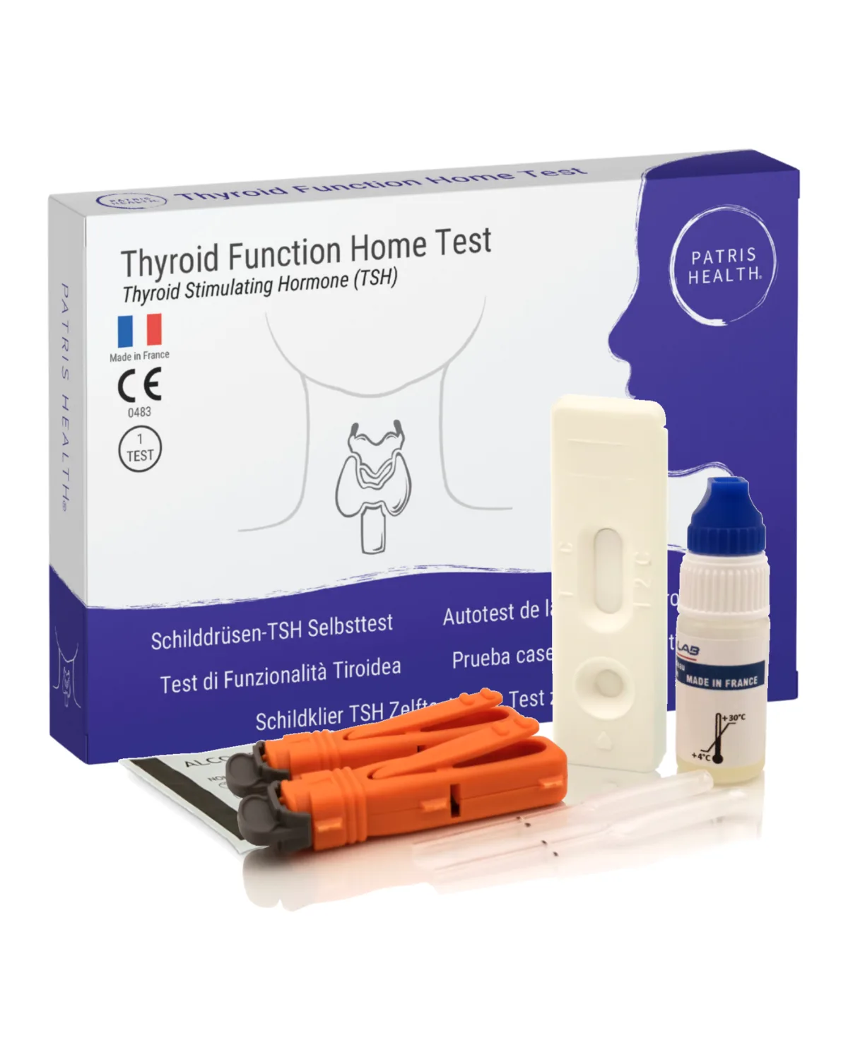 Patris Health Schilddrüsen-TSH-Selbsttest – die Box und der Inhalt des Kits